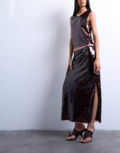 Model wearing Co-ord contrast sequin midi skirt in wine
