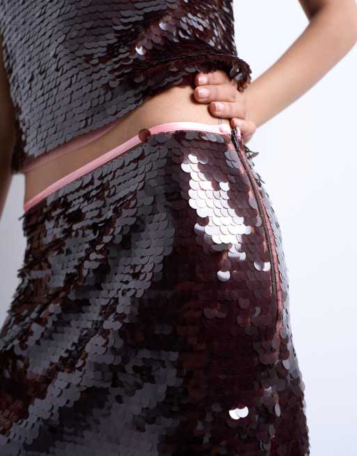 Topshop co-ord contrast sequin midi skirt in wine, 4 of 5