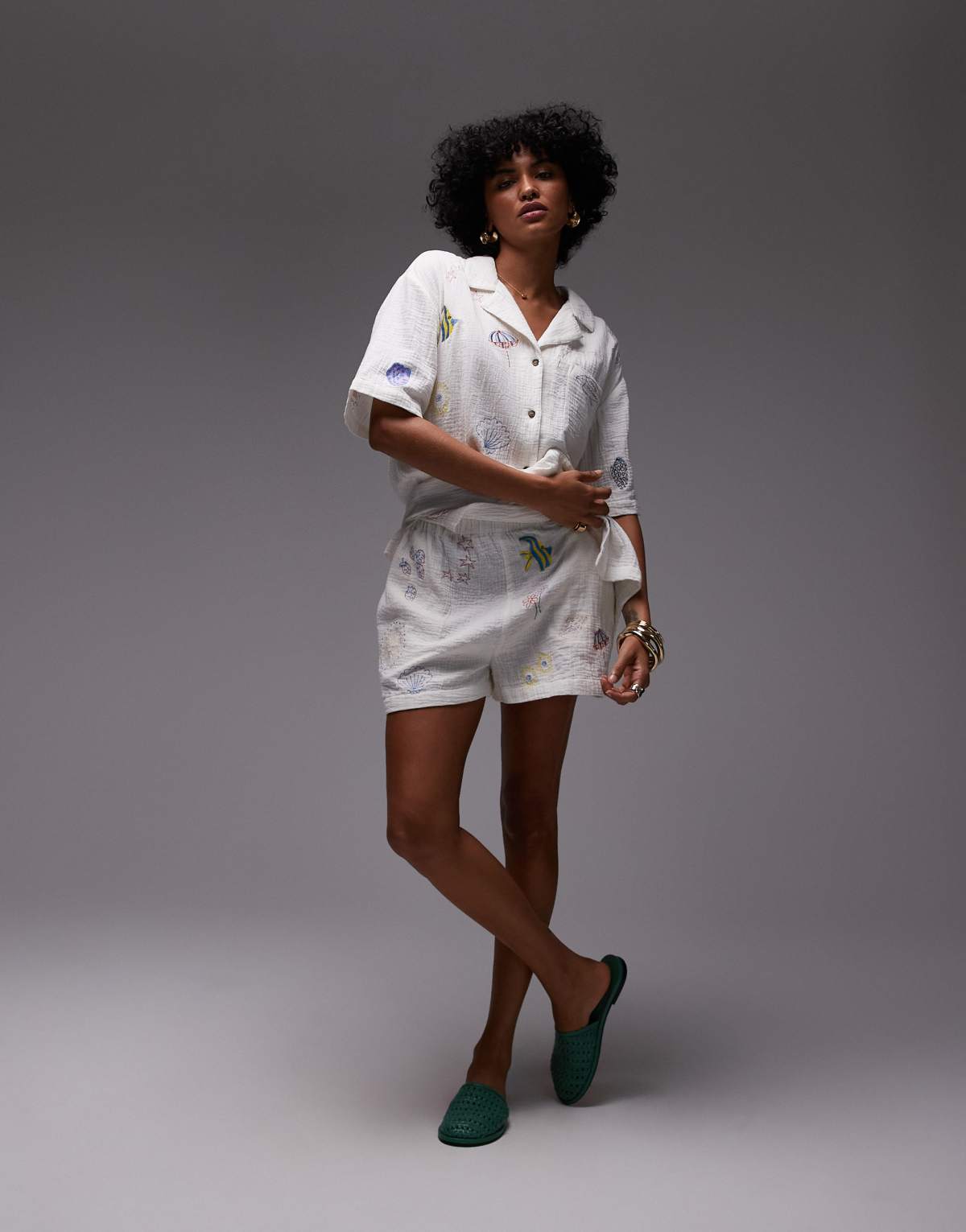 Topshop co ord cotton doodle embroidery pull on shorts in white