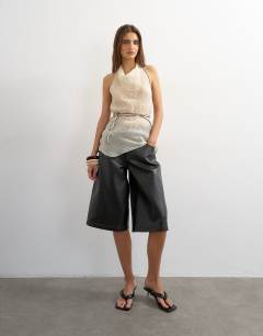Model wearing Co-ord crinkle halter top with contrast trim in ecru