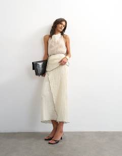 Co-ord crinkle wrap midi skirt with contrast stitching in ecru