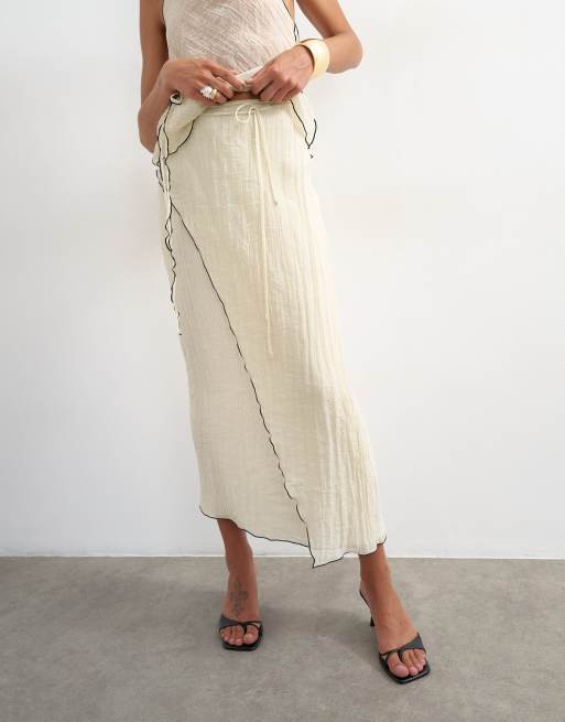 Topshop co-ord crinkle wrap midi skirt with contrast stitching in ecru, 3 of 5