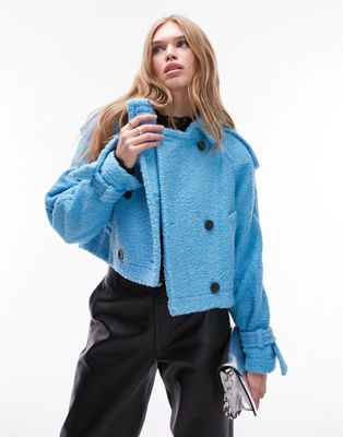 Topshop co-ord cropped boucle trench jacket in blue