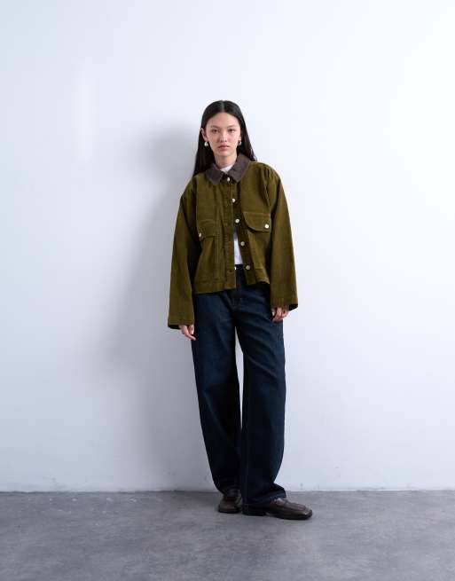 Topshop co ord cut cord jacket with contrast cord collar in khaki, 2 of 4