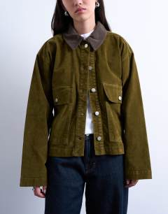 Model wearing Co ord cut cord jacket with contrast cord collar in khaki