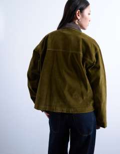 Model wearing Co ord cut cord jacket with contrast cord collar in khaki