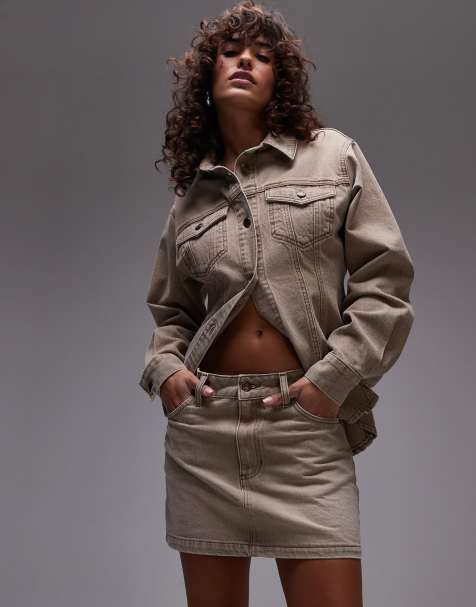Topshop co ord denim cinch shirt in latte brown - view 1