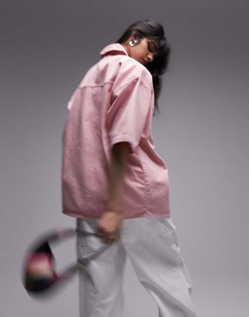 Topshop co-ord denim shacket in baby pink , 2 of 4