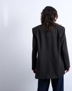 Model wearing Co ord double breasted subtle pinstripe oversized blazer in dark chocolate