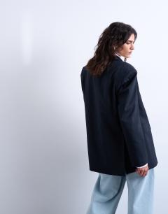 Model wearing Co ord double breasted subtle pinstripe oversized blazer in navy