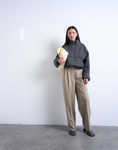 Topshop double pleated slouchy trouser in taupe