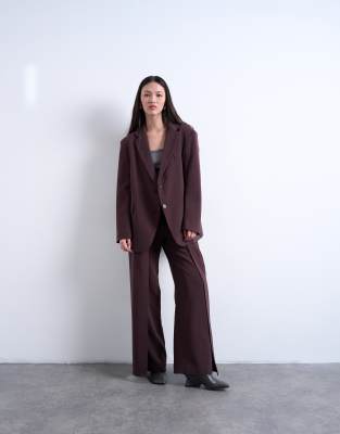 Topshop Co Ord Double Pleated Straight Leg Trouser In Plum Chocolate-brown