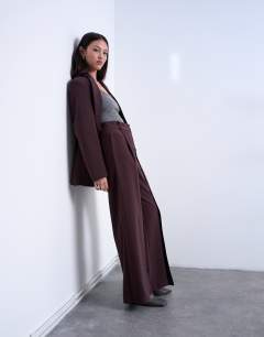 Co ord double pleated straight leg trouser in plum chocolate
