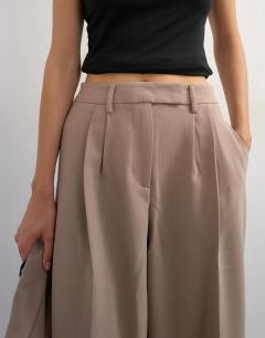 Model wearing Co ord double tailored trouser in beige 