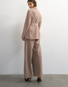Model wearing Co ord double tailored trouser in beige 
