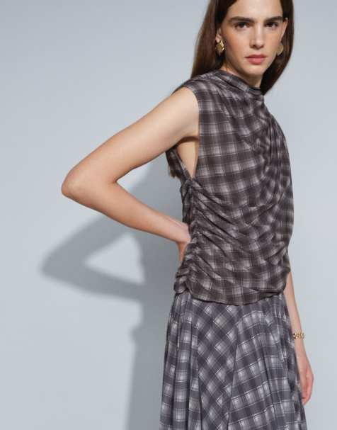 Topshop co-ord drape ruched side detail top in purple check print - view 1