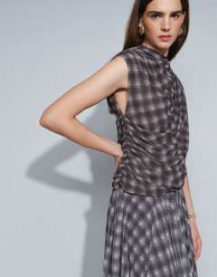 Model wearing Co-ord drape ruched side detail top in purple check print