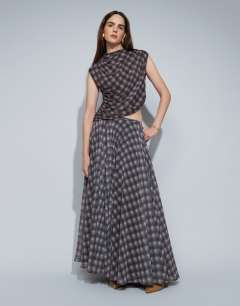 Model wearing Co-ord drape ruched side detail top in purple check print