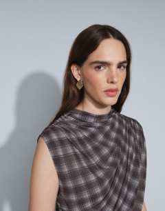 Model wearing Co-ord drape ruched side detail top in purple check print