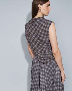 Model wearing Co-ord drape ruched side detail top in purple check print