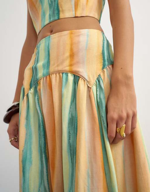 Topshop co-ord drop waist full circle midi skirt in orange abstract stripe, 2 of 5