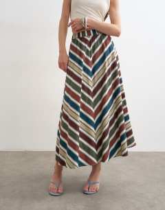 Model wearing Co-ord elasticated waist full circle maxi skirt in multi stripe