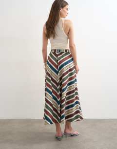 Model wearing Co-ord elasticated waist full circle maxi skirt in multi stripe