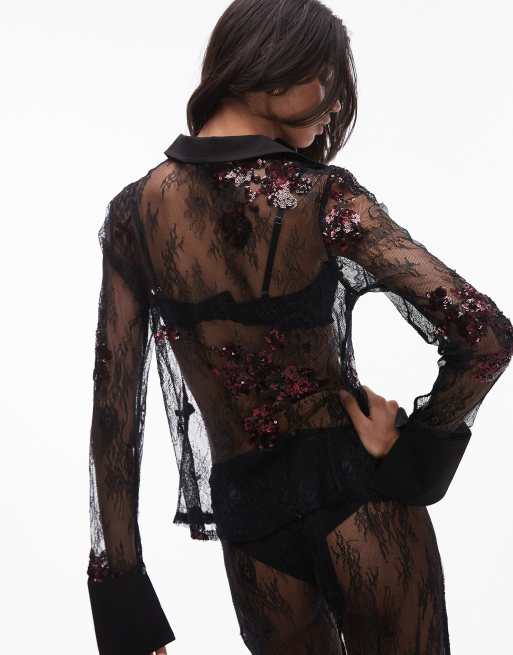 Topshop co-ord embellished lace slim shirt in black with burg sequins, 2 of 4