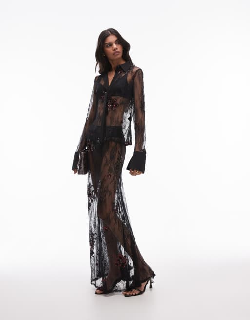 Topshop co-ord embellished lace slim shirt in black with burg sequins, 3 of 4