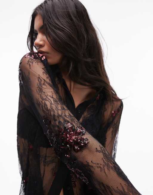 Topshop co-ord embellished lace slim shirt in black with burg sequins, 4 of 4