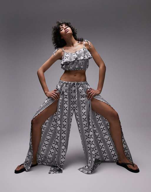 Topshop co ord embroidered split leg beach trousers in monochrome