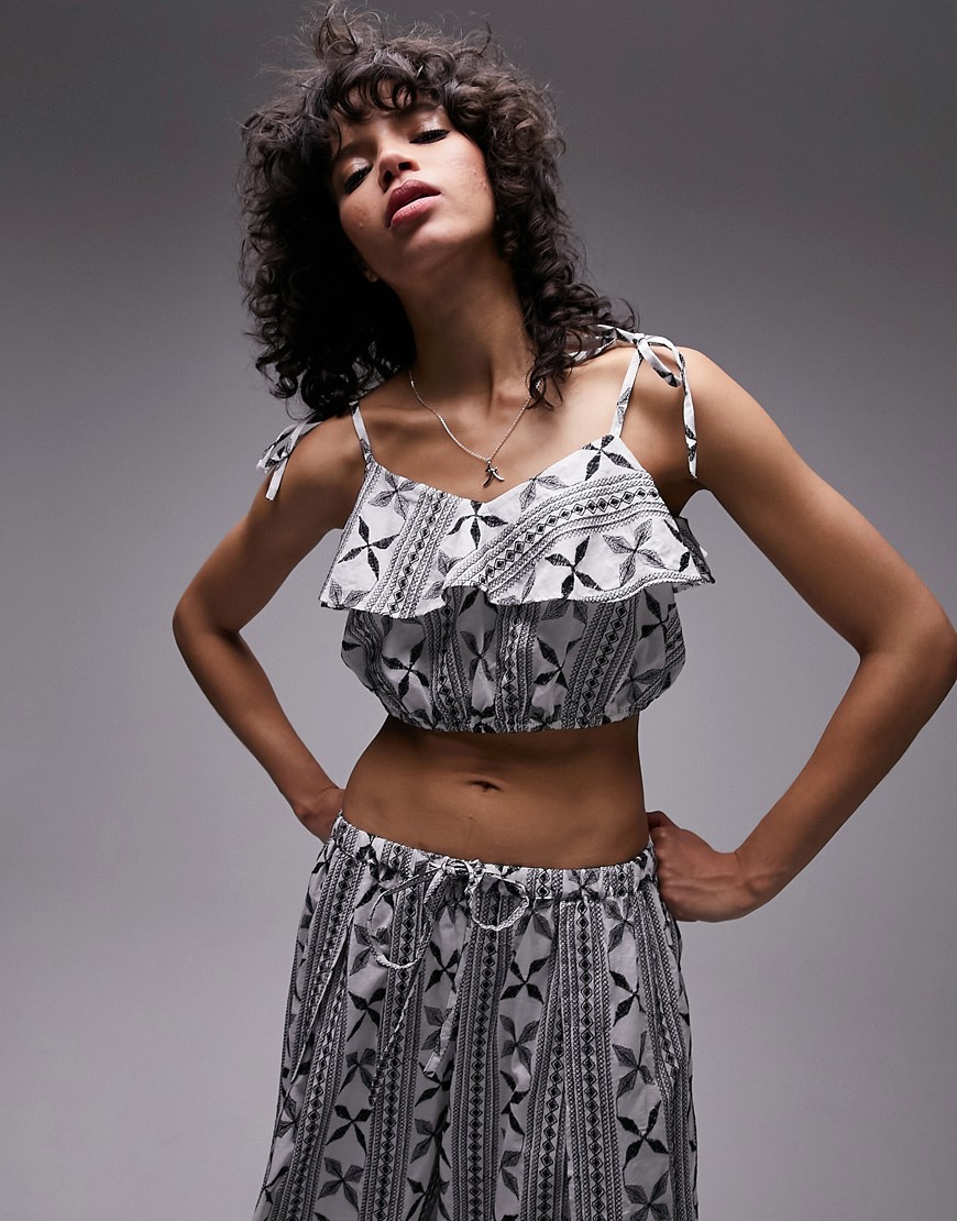 Topshop co-ord embroidered tassled beach cami in monochrome-Multi