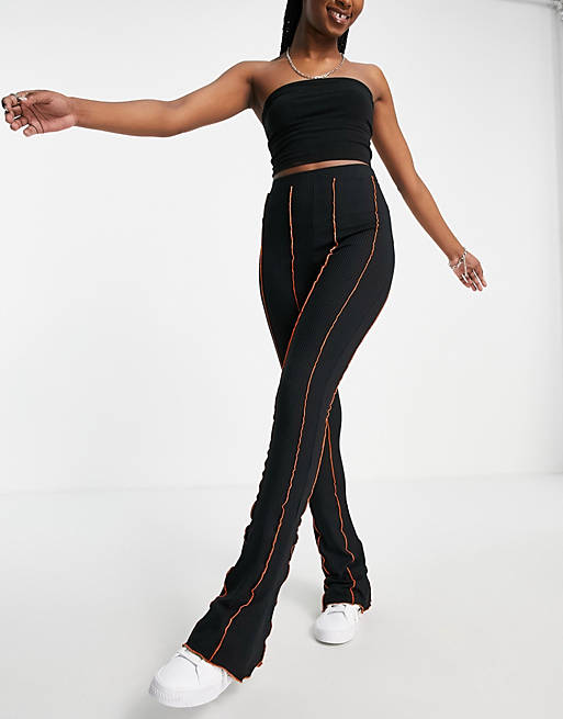Trousers & Leggings Topshop co-ord exposed contrast orange seam flared trouser in black 