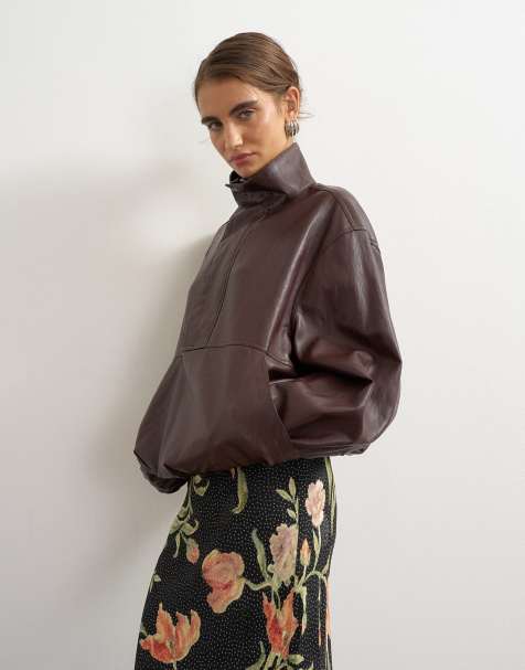 Topshop co-ord faux leather funnel neck bubble hem top in chocolate - view 1