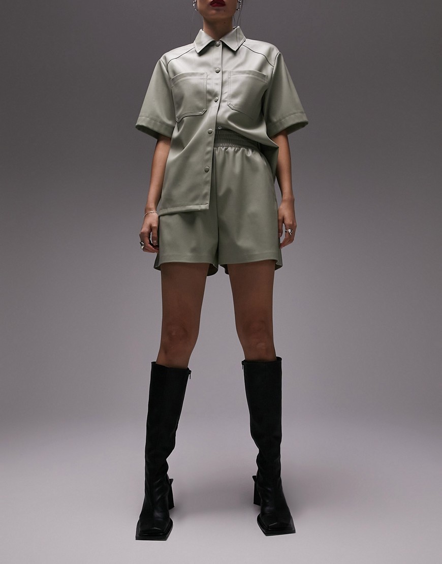 Topshop co-ord faux leather pull on short in sage-Green