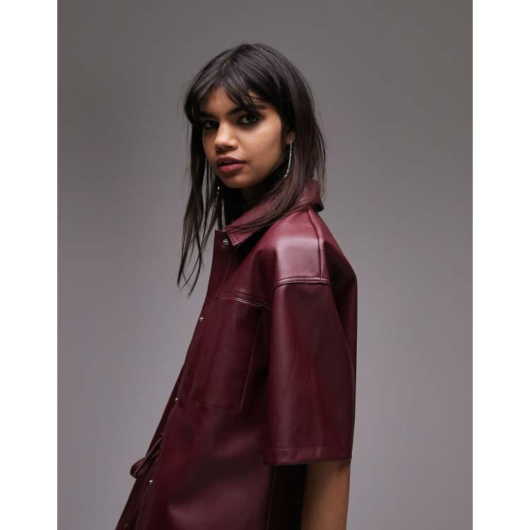 Topshop co ord faux leather short sleeve shirt in burgundy | ASOS