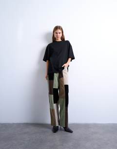 Co ord  faux suede patchwork cinch trousers in multi