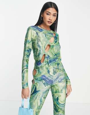 Topshop co-ord festival metallic marble cut out long sleeve top in green - ASOS Price Checker