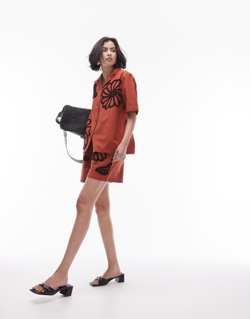 Topshop co-ord flocked floral pull on short in rust ASOS
