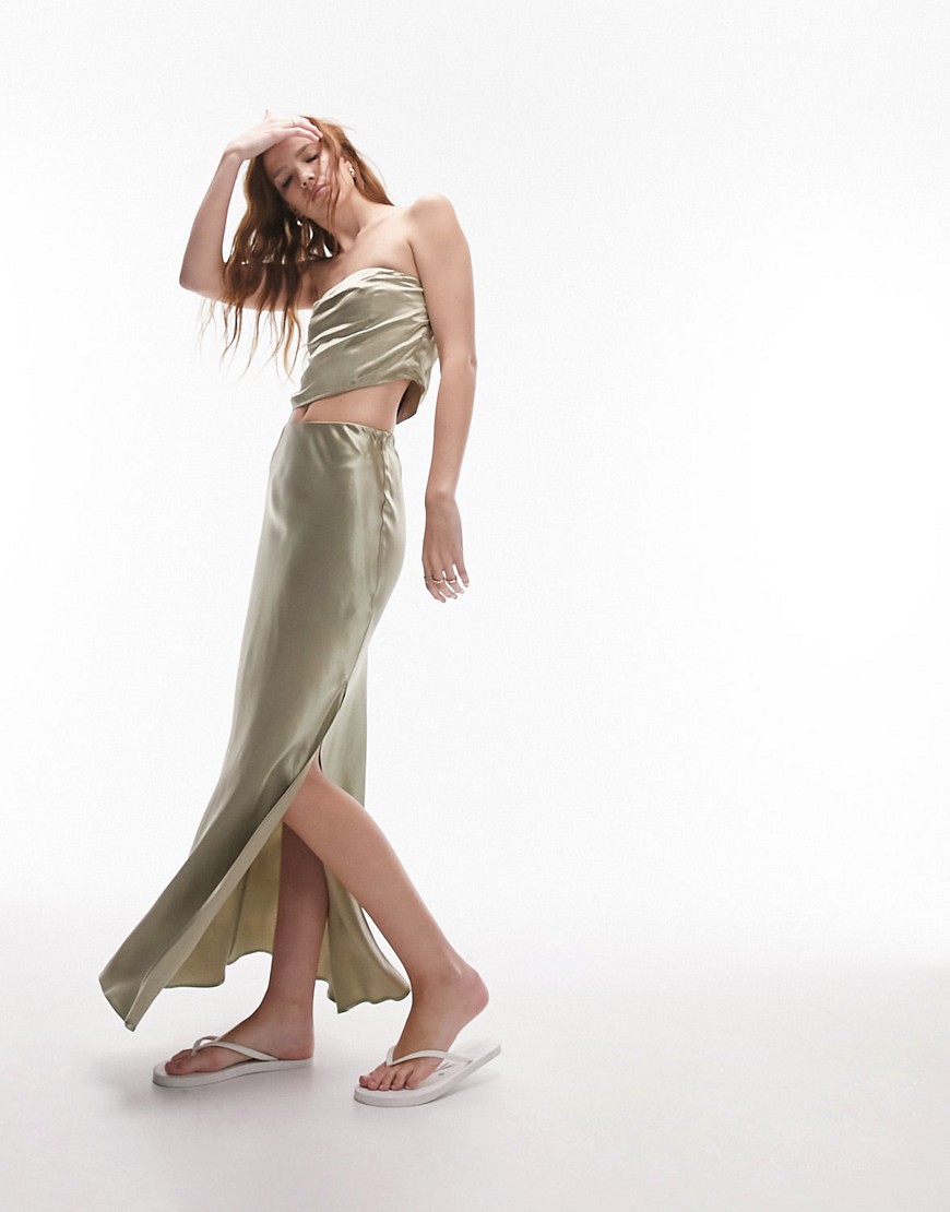 Topshop co-ord floor length bias side split skirt in fawn-Neutral