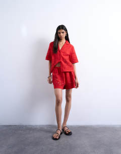 Co ord floral applique short in red