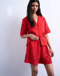 Model wearing Co ord floral applique short in red