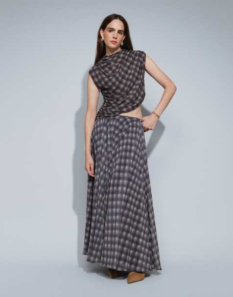 Topshop co-ord full circle chiffon maxi skirt in purple check print - view 1