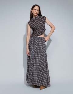 Model wearing Co-ord full circle chiffon maxi skirt in purple check print