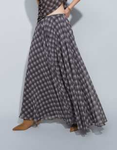 Model wearing Co-ord full circle chiffon maxi skirt in purple check print