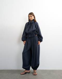 Co ord funnel neck jacket with tie waist in navy