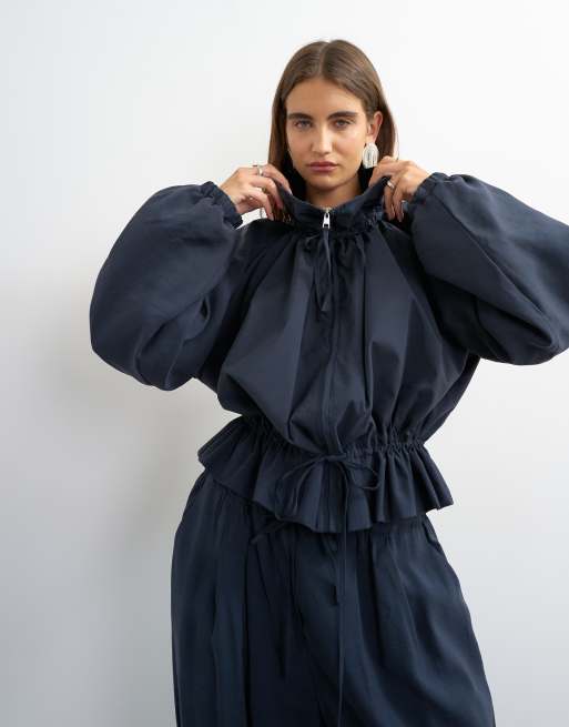 Topshop co ord funnel neck jacket with tie waist in navy, 3 of 4