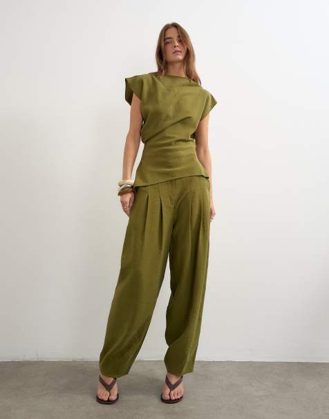 Topshop co-ord geplooide broek in kaki - view 1