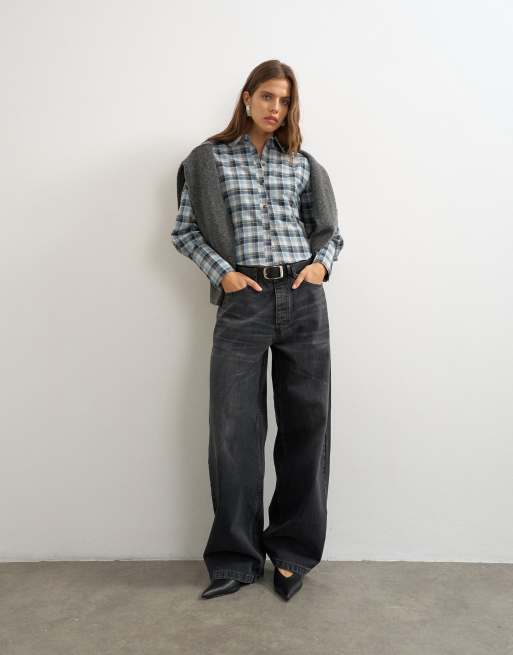 Topshop co-ord geruit getailleerd overhemd in marineblauw, 2 van 4