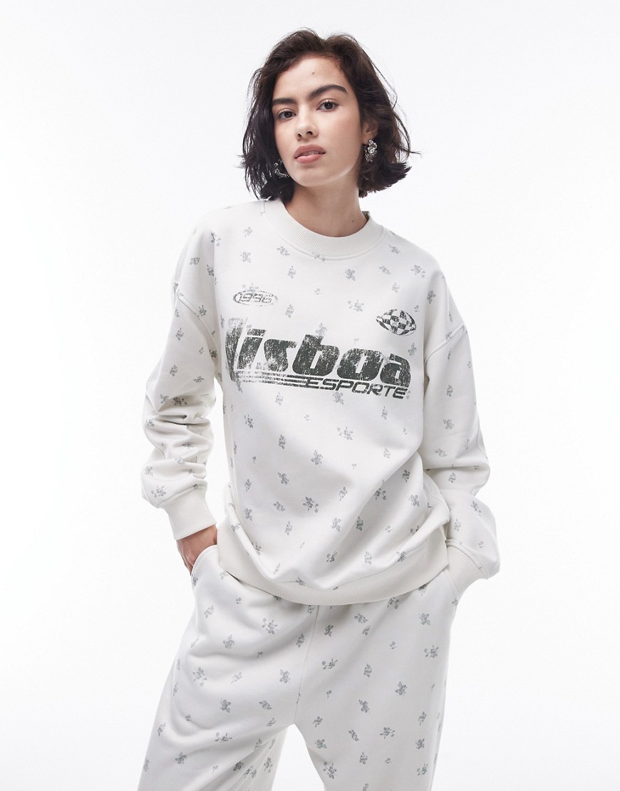 Topshop co ord graphic ditsy Lisboa oversized sweat in ecru-White